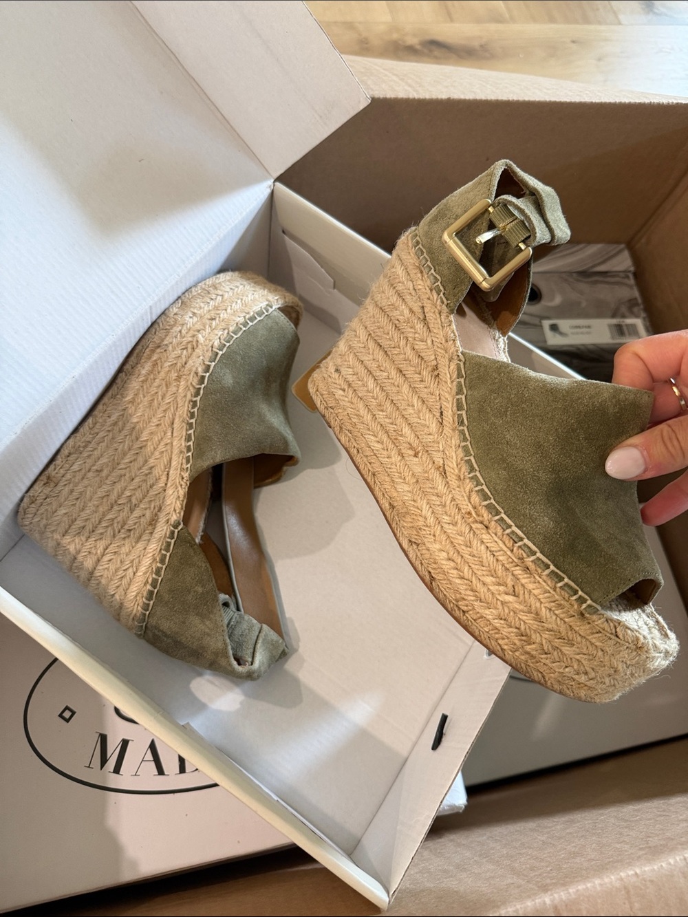 Marc Fisher Olive Suede Espadrille Wedge Sandals with Buckle